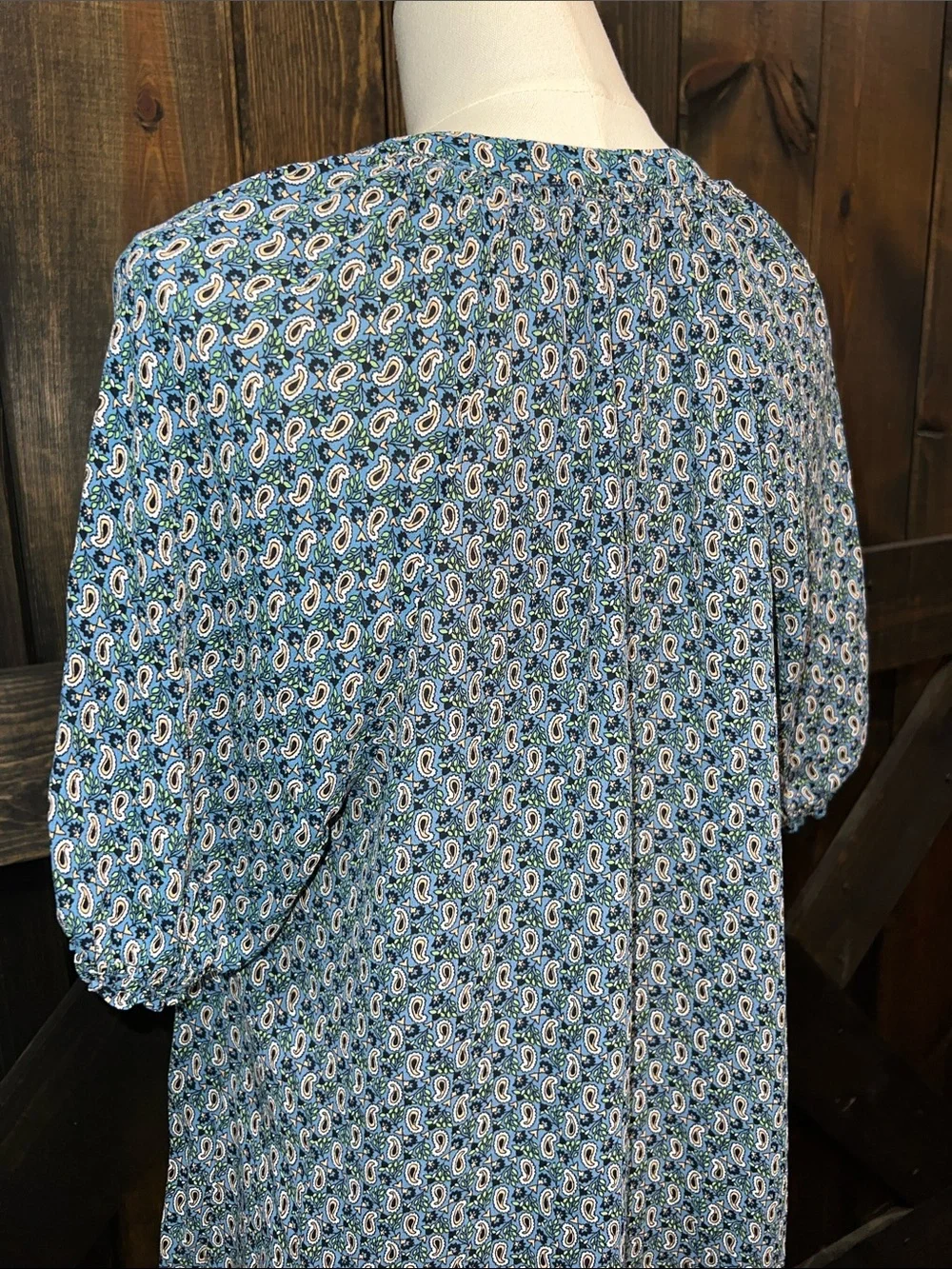 Boden Paisley Top 14 Blue Gathered Split Neck Puff Sleeve Semi Sheer Preppy